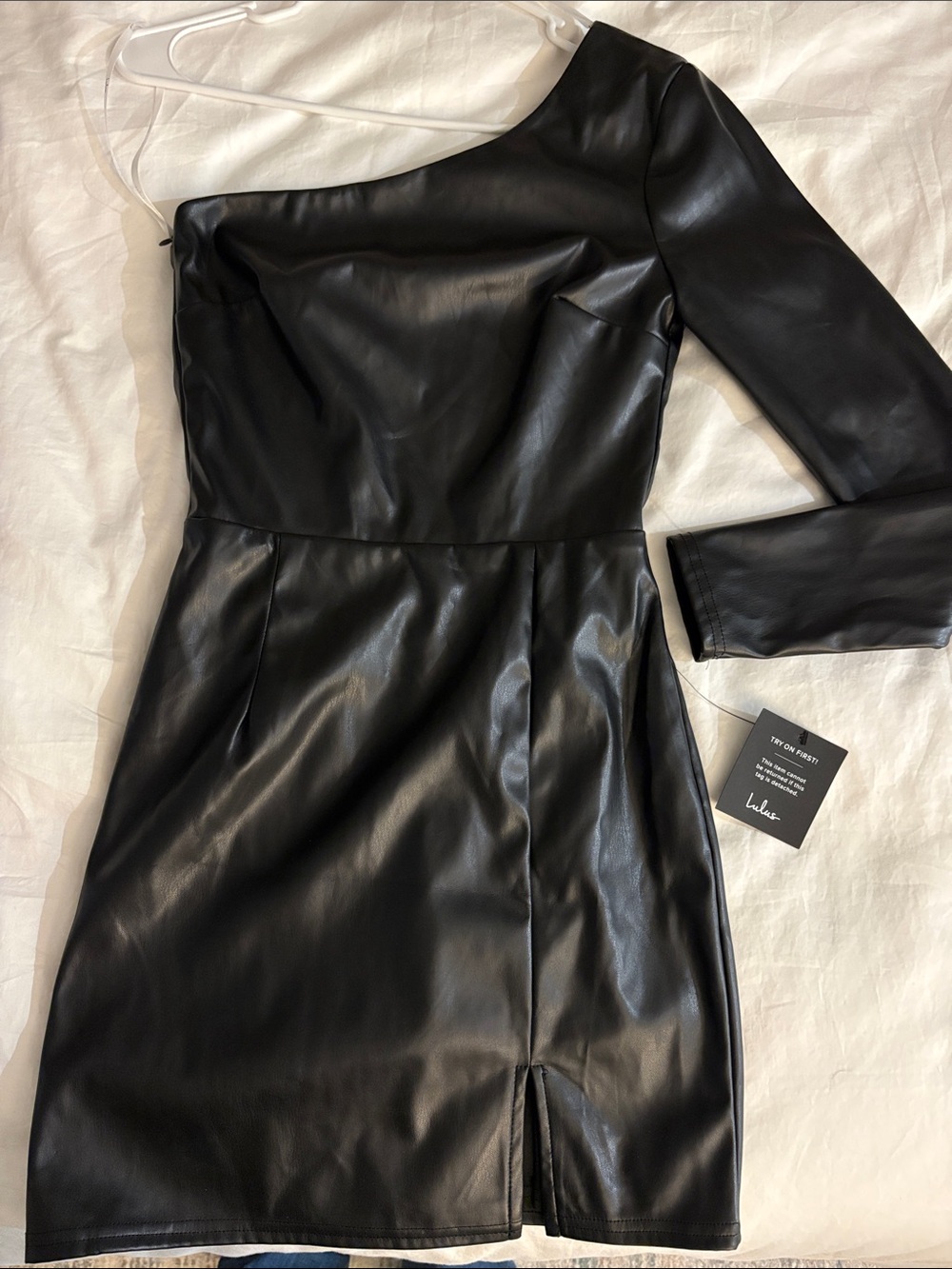 Lulu's Black One-Shoulder Faux Leather Mini Dress